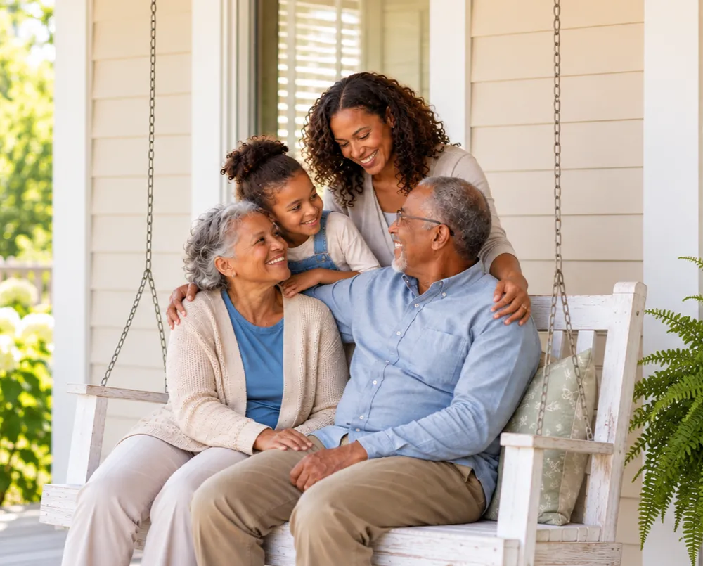 Older couple enjoying time on a porch with their adult daughter and grandchild
