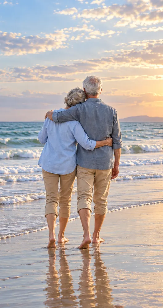 Senior couple walking peacefully along the shore