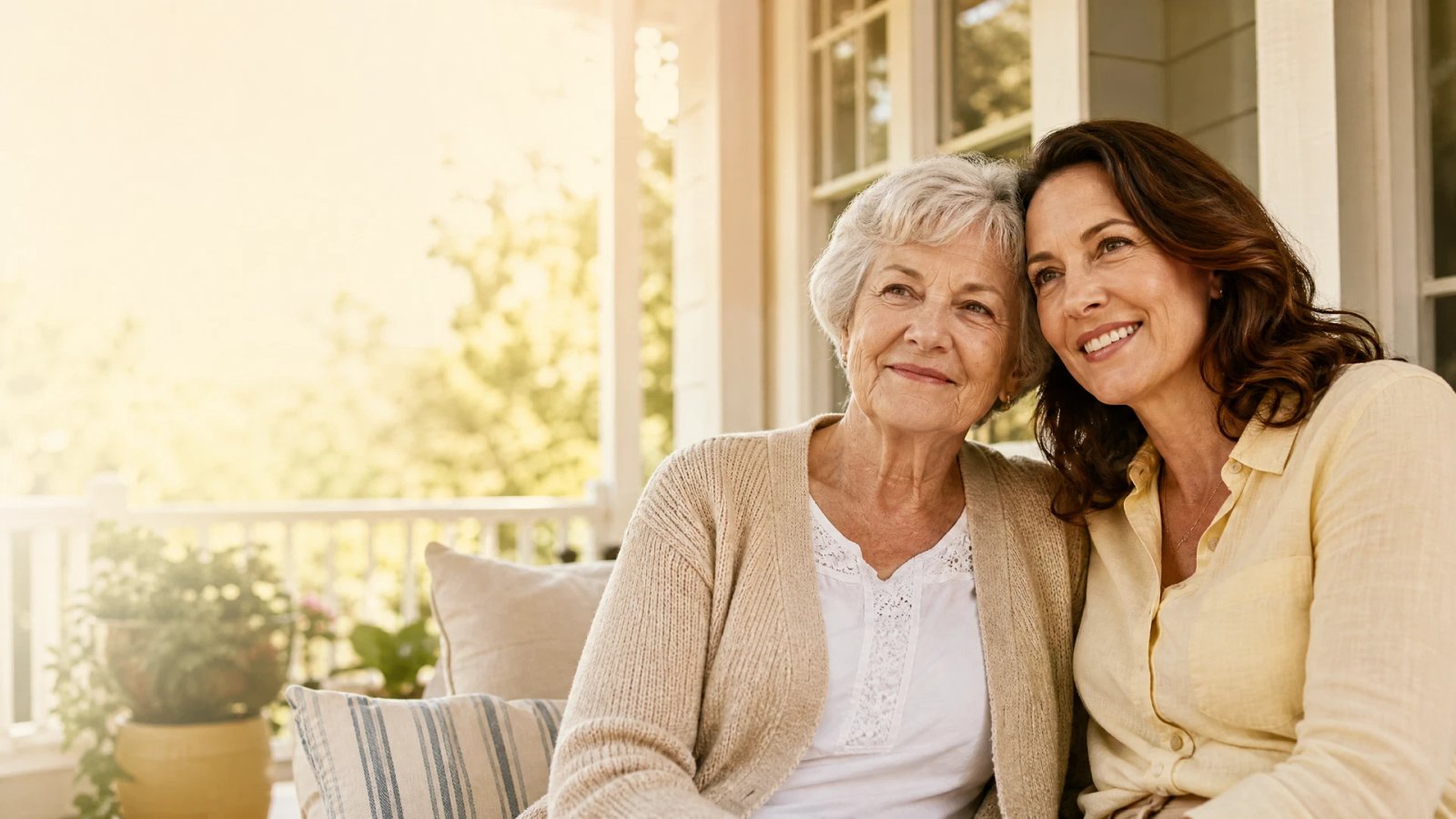 A senior woman and her adult daughter sitting together on a sunny front porch